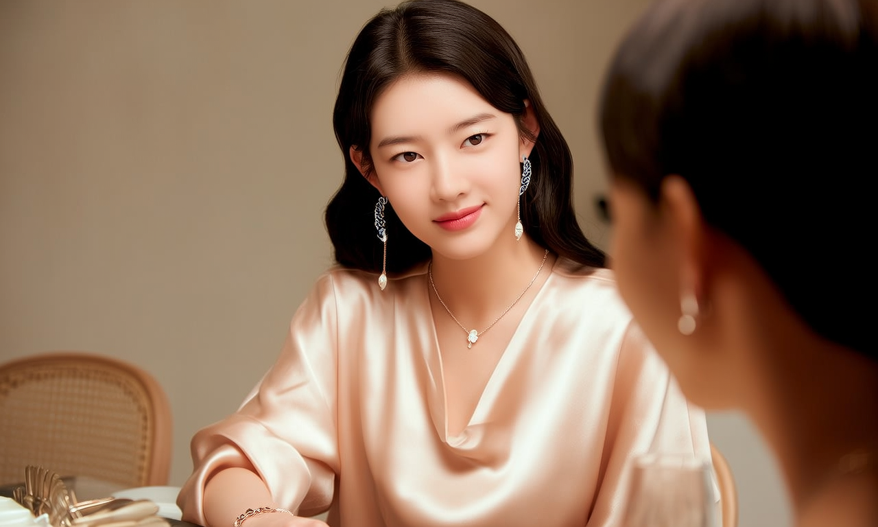 生活瞬间，美女，韩系美女，丝绸，美妆广告，家庭餐桌，4K超清，写实风格，温馨，柔和室内光，细腻皮肤，项链，耳环，手链。